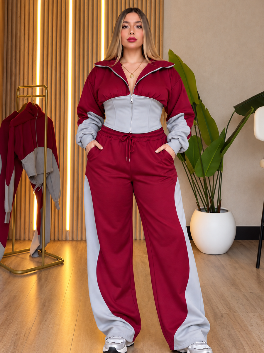 Winter Maroon Colorblock Hooded 2 PC Co-Ord Set