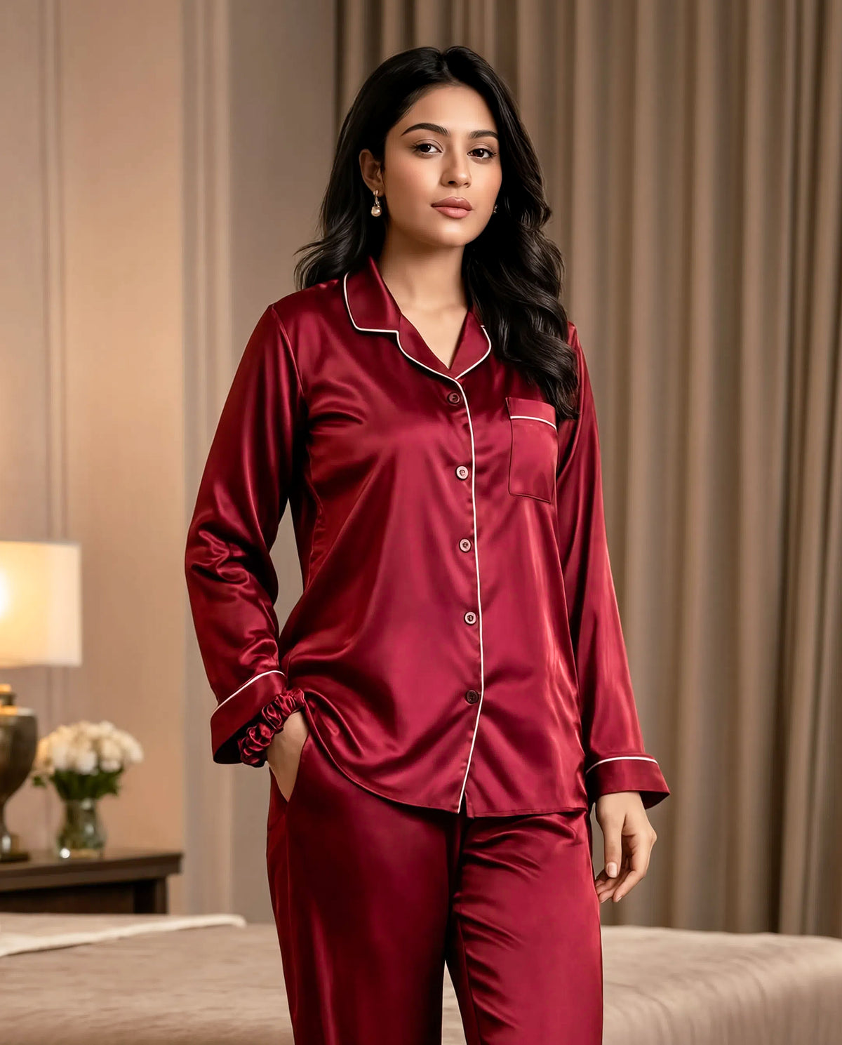 Maroon Satin Silk Pj Set