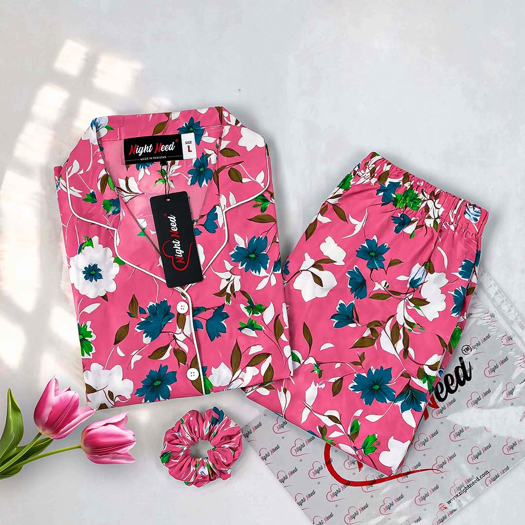 Imported Premium Linen Printed Flowers with Leaves Pj Set - PL6