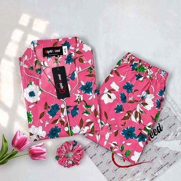 Imported Premium Linen Printed Flowers with Leaves Pj Set - PL6
