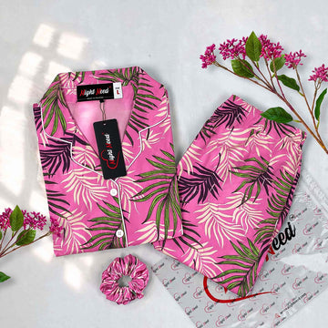 Imported Premium Linen Printed Pink Leafy Pj Set - PL4