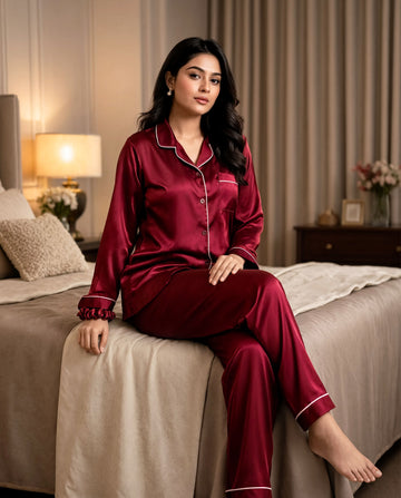 Maroon Satin Silk Pj Set