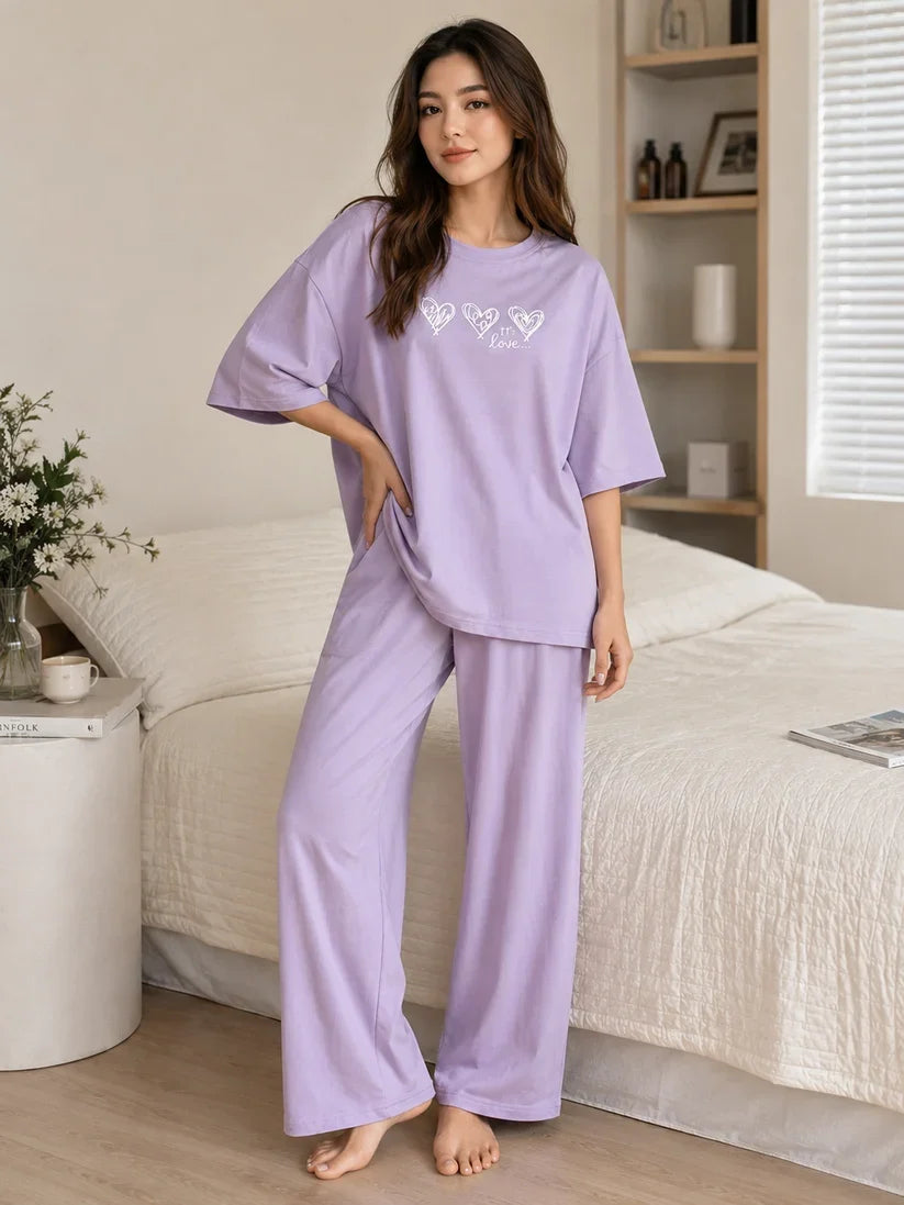 Purple Love Hearts Printed Night Suit