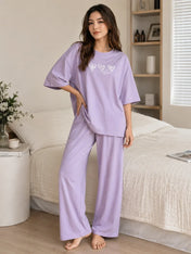 Purple Love Hearts Printed Night Suit