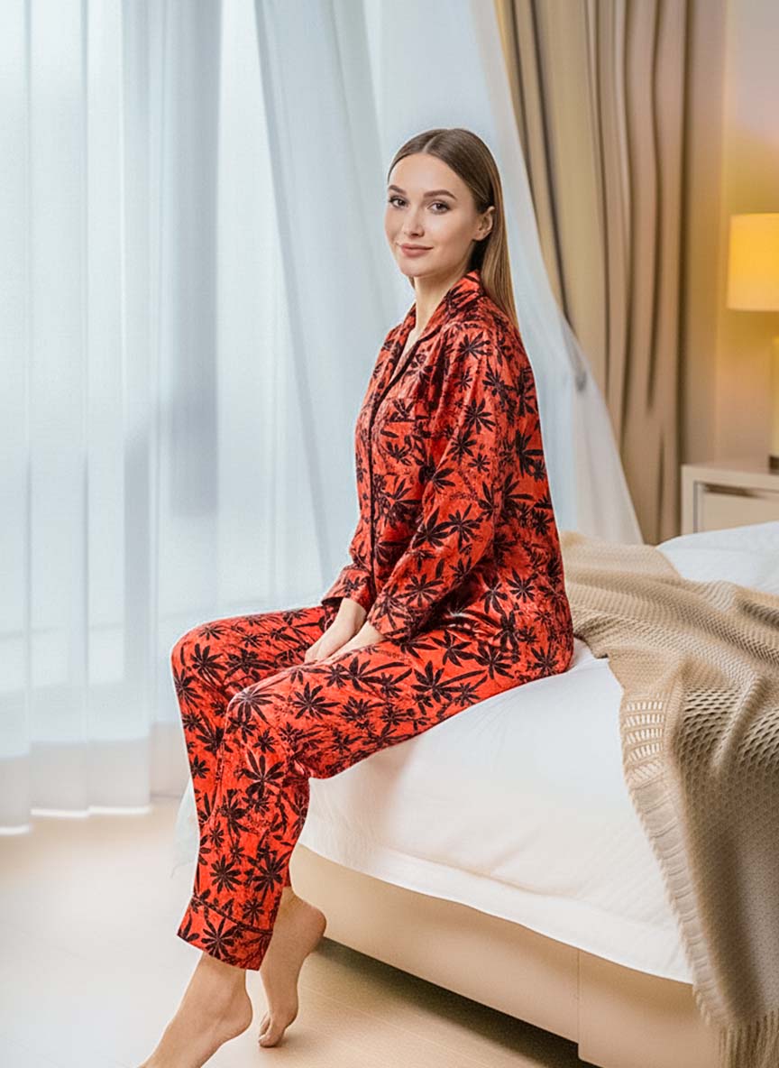 Imported Linen Printed Red Tree PJ Set-LP24
