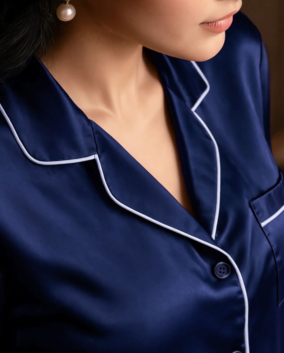 Navy Blue Satin Silk Pj Set