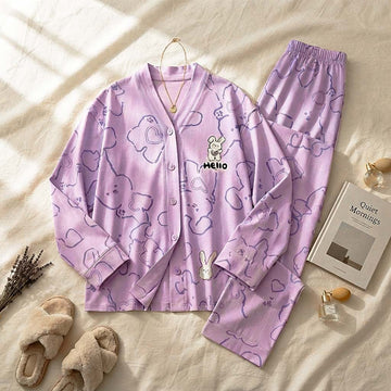 Purple Bunny V-Neck Button Printed Night Suit