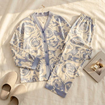 Grey Petals V-Neck Button Printed Night Suit