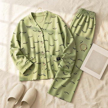 Green Emoji V-Neck Button Printed Night Suit