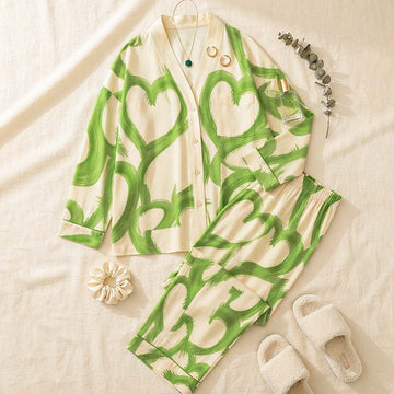 Green Hearts V-Neck Button Printed Night Suit