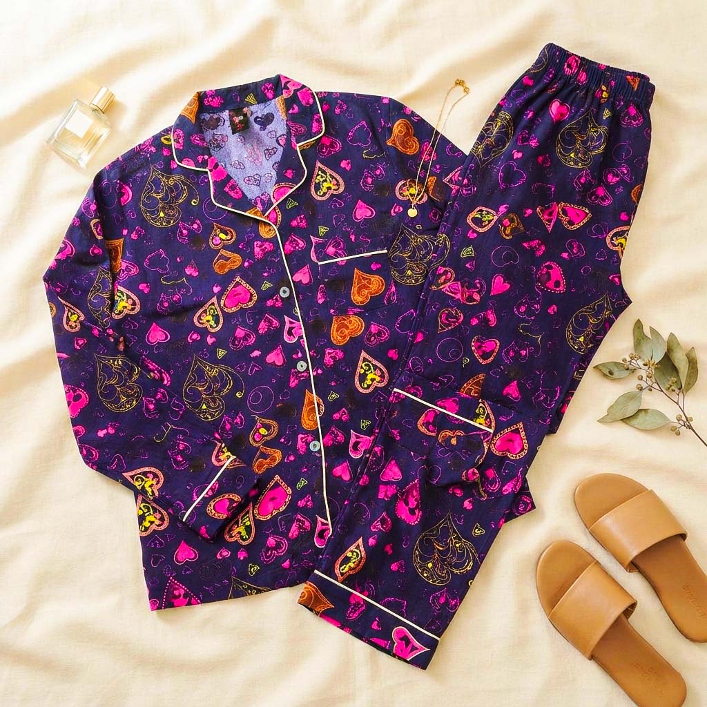 Imported Linen Printed Purple Pink Heart PJ Set-LP25