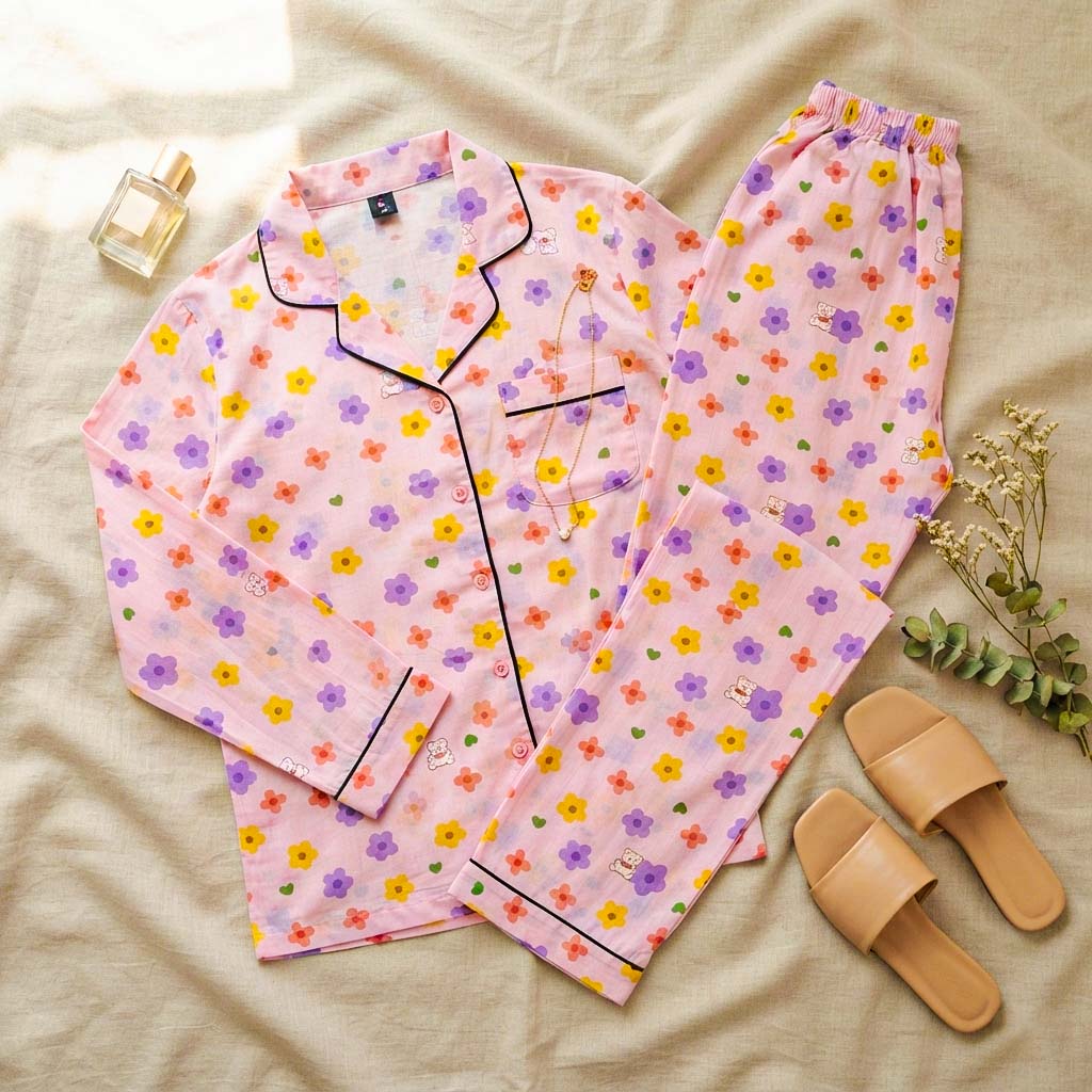 Imported Linen Printed Pink Multi Flower PJ Set-LP27