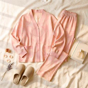 Baby Pink Petals V-Neck Button Printed Night Suit