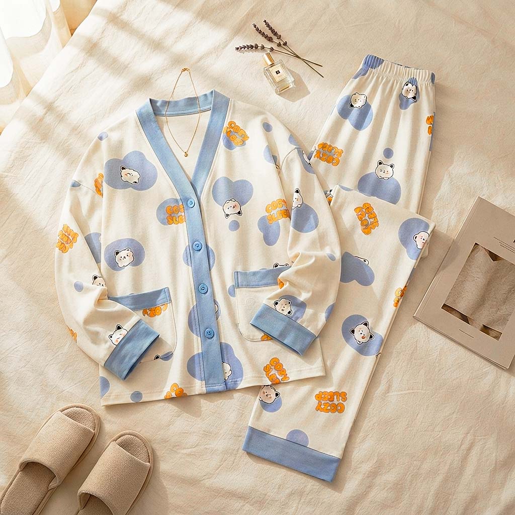 Grey Cute Cartoon V-Neck Button Printed Night Suit