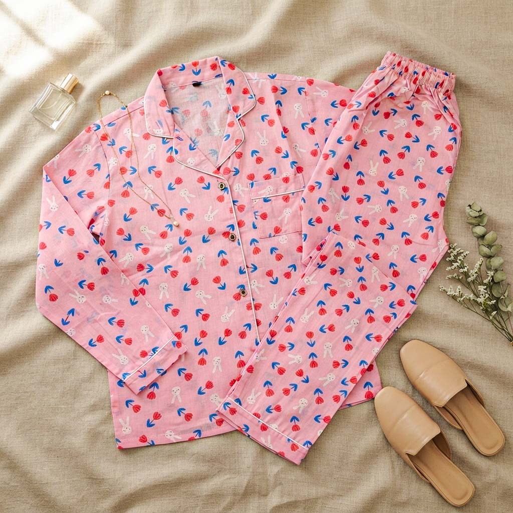 Imported Linen Printed Pink Rose PJ Set-LP21