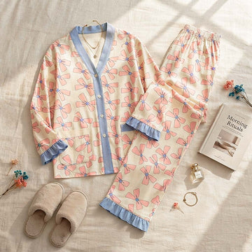 Pink Ribbon V-Neck Button Printed Night Suit
