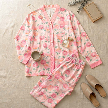 Pink Rose V-Neck Button Printed Night Suit
