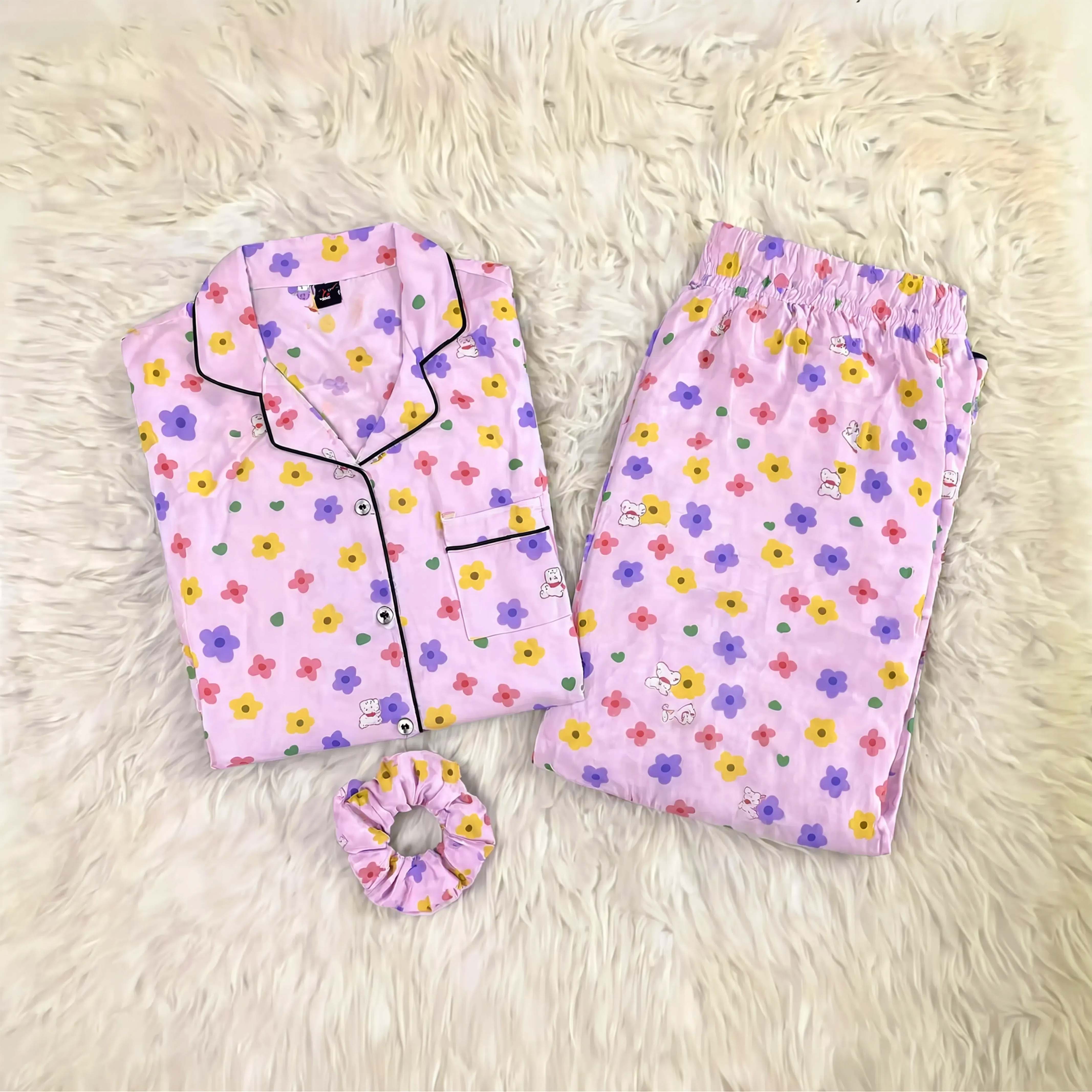 Imported Linen Printed Pink Multi Flower PJ Set-LP27