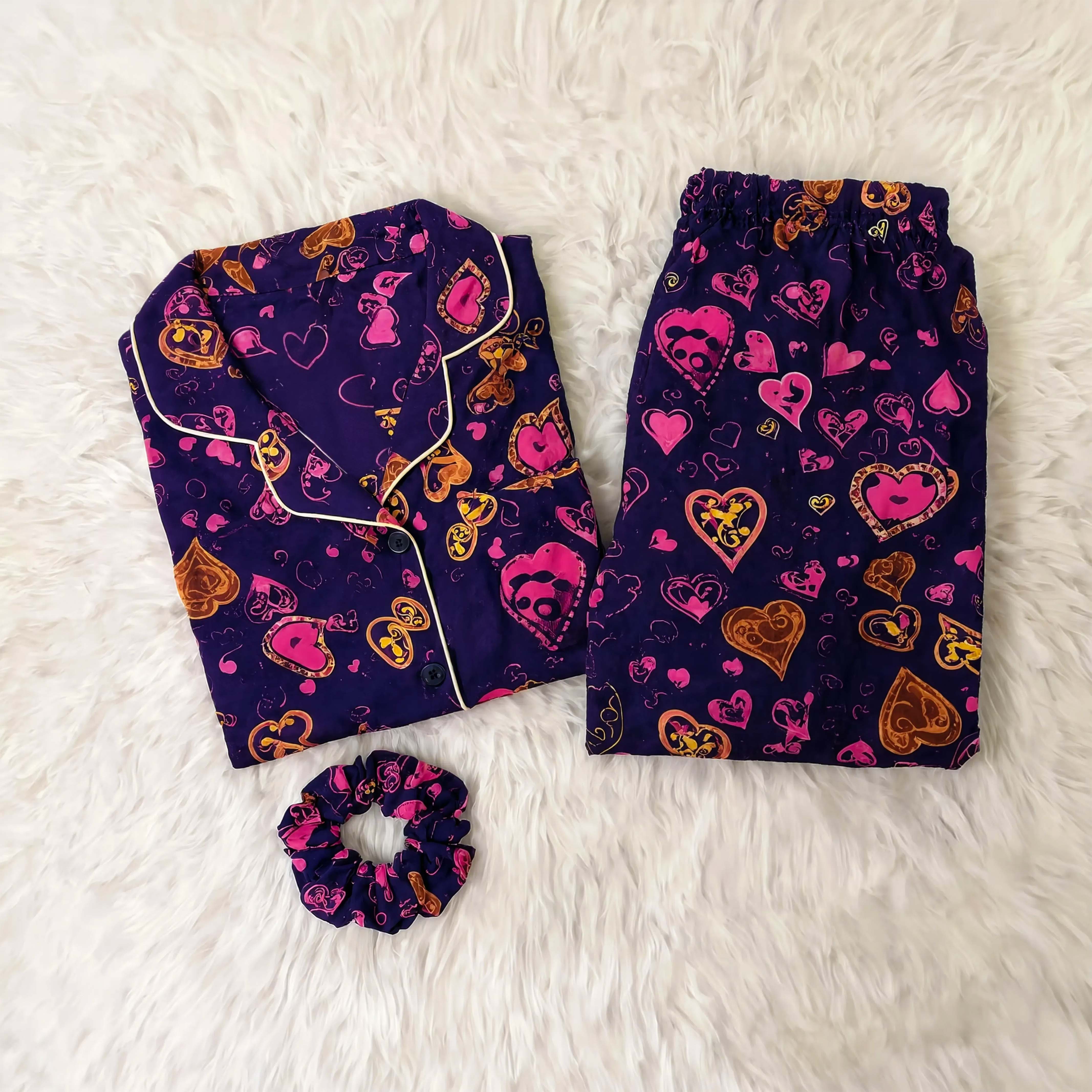 Imported Linen Printed Purple Pink Heart PJ Set-LP25
