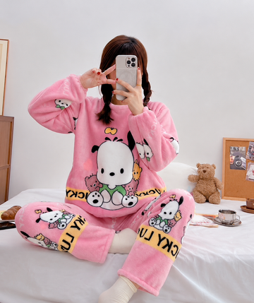 Winter Premium Fleece Pink Woolen Printed Night Suit