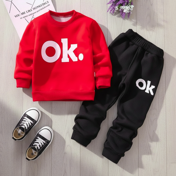 Red OK Printed Kids Winter Suit