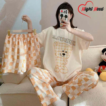 3 Piece Printed Night Suit Creamy Teddy