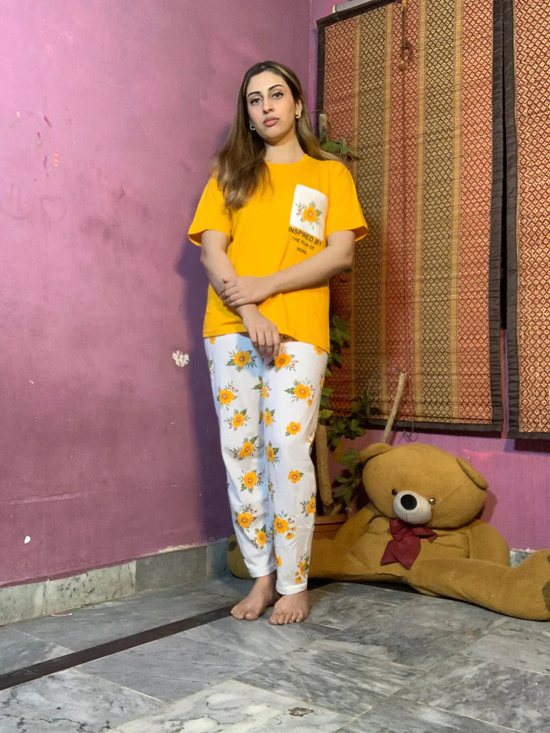 Yellow Pocket Printed Night Suit