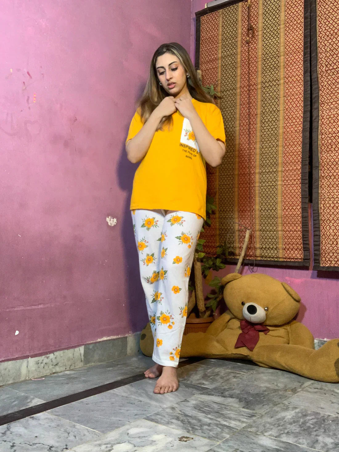 Yellow Pocket Printed Night Suit