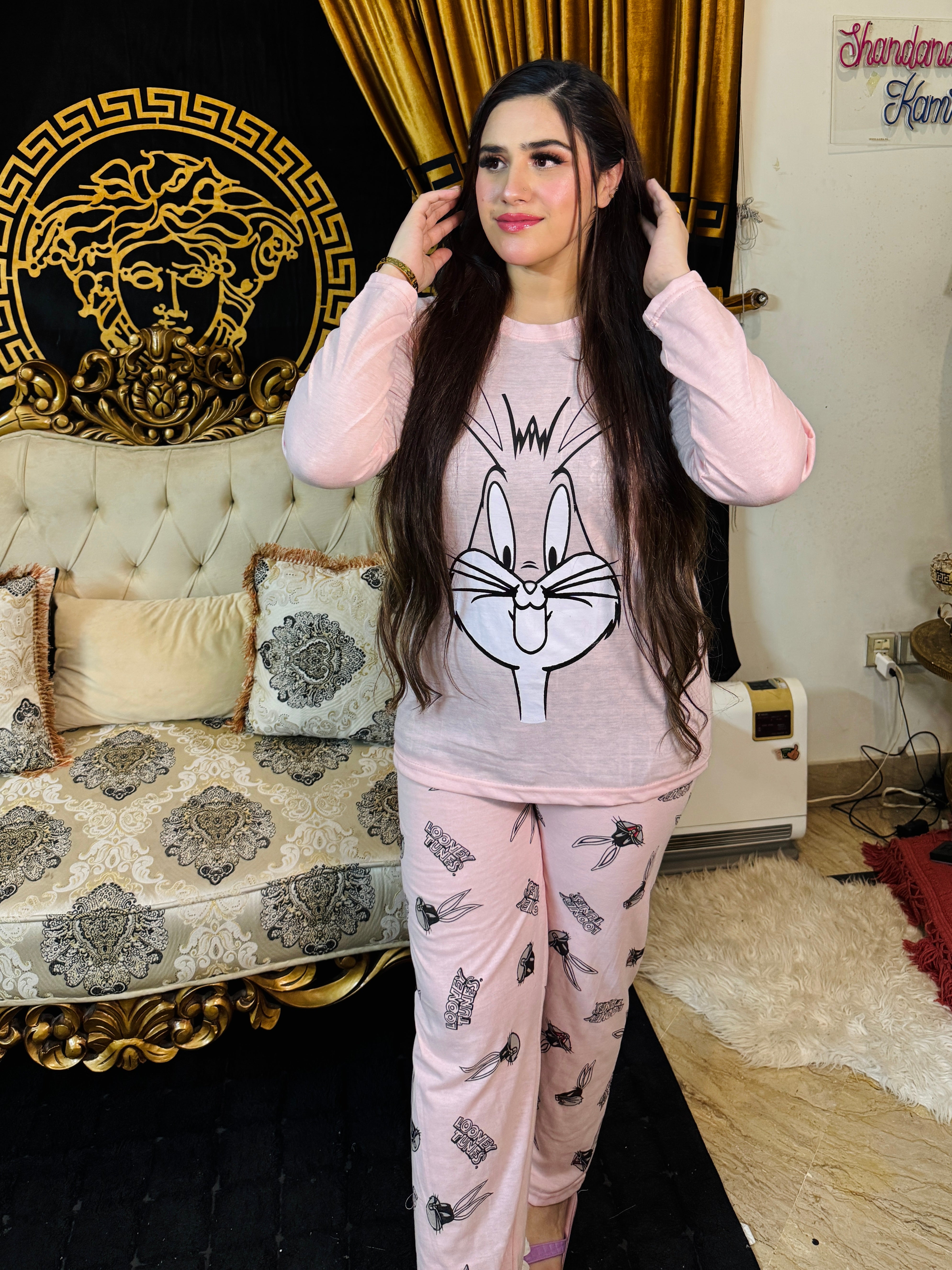 Pink Bunny Printed  Night Suit