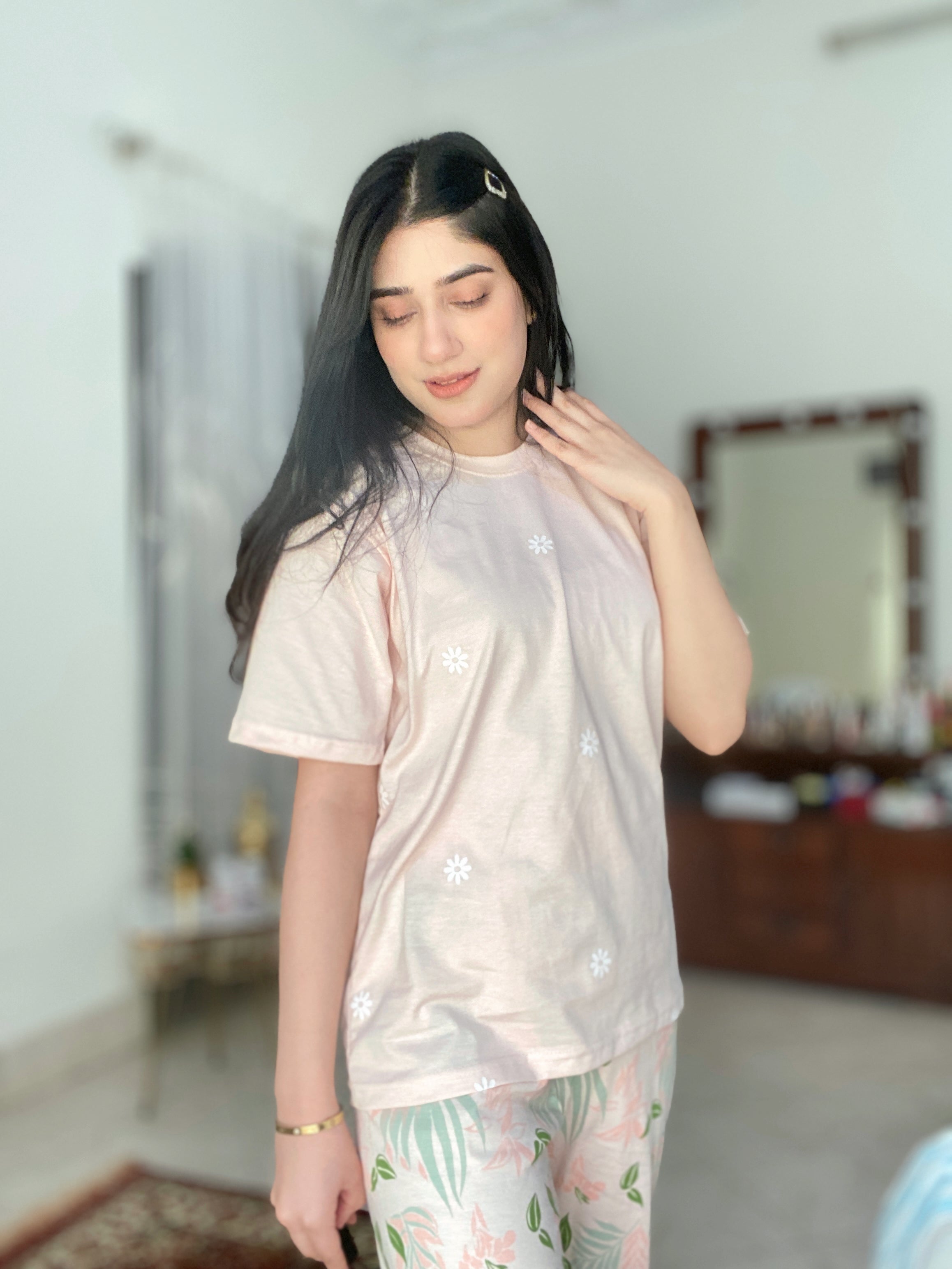 Peach Pajama Printed Night Suit