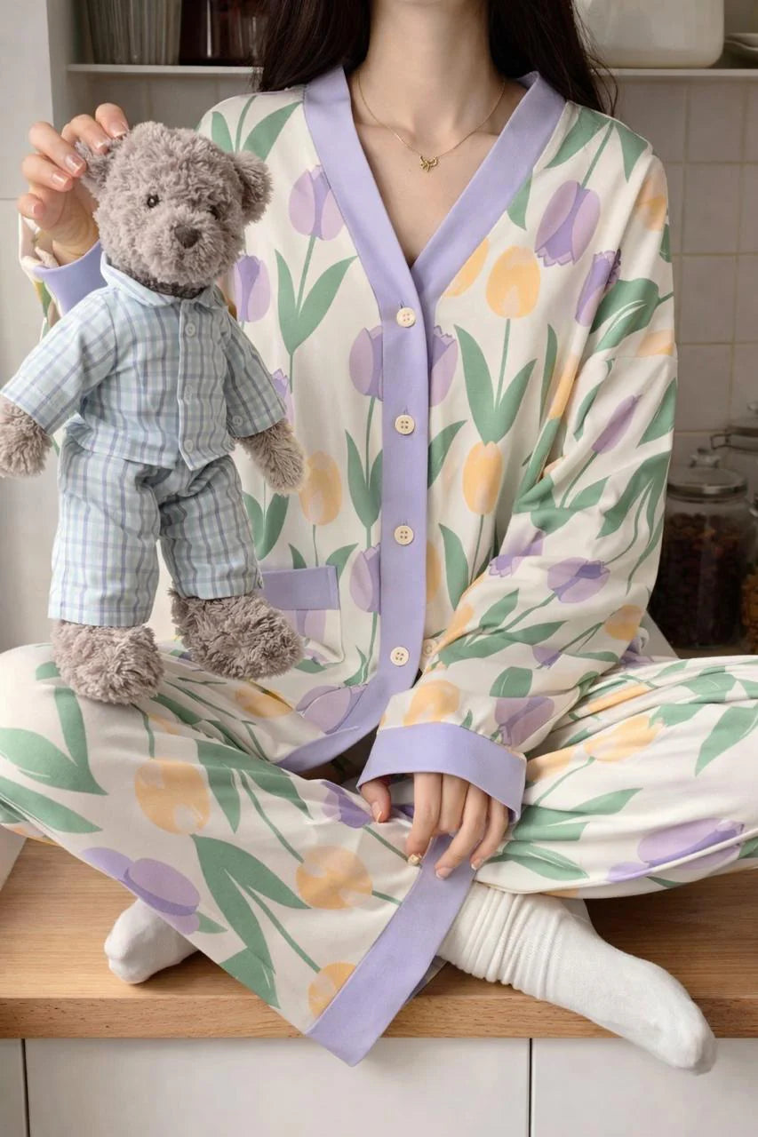 Off White With Flower V-Neck Button Printed Night Suit