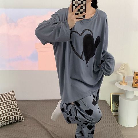 Grey Double Heart Full Sleeve Printed Night Suits