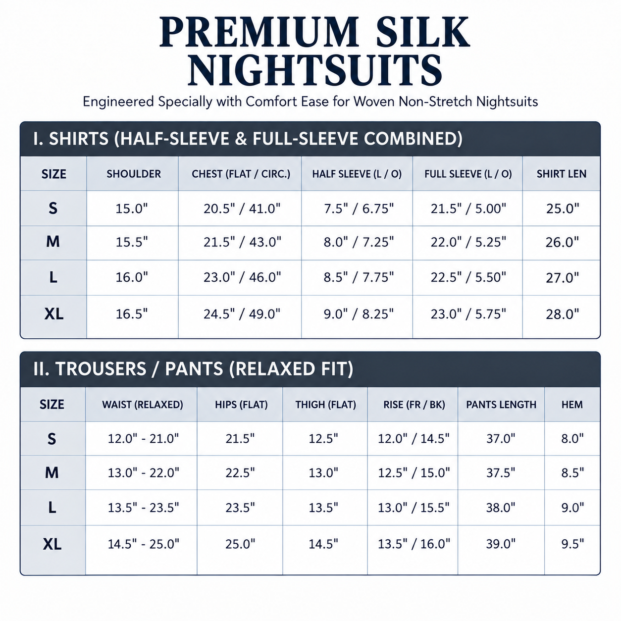 Mustard Satin Silk Pj Set size chart