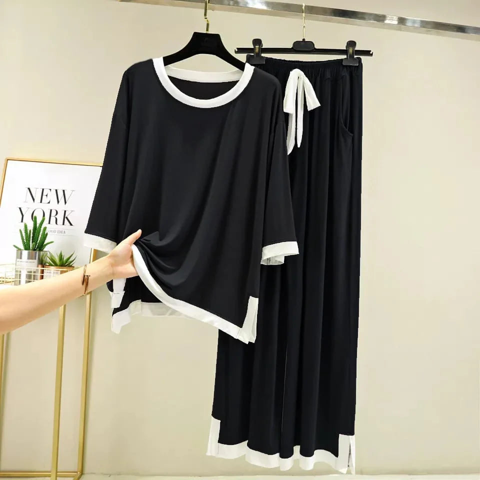 Black White Round Neck Plazo Night Suit