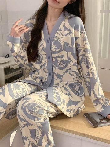 Grey Petals V-Neck Button Printed Night Suit