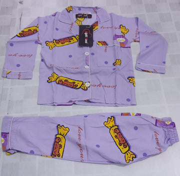 Kids Imported Premium Linen Printed Purple Candy Pj Set - PL3