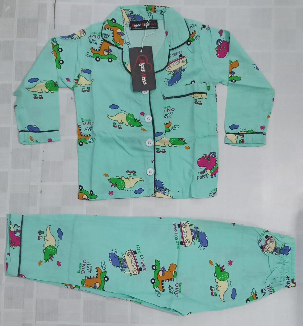 Kids Imported Premium Linen Printed Green Dinosaur Pj Set - PL5