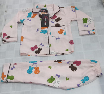 Kids Rabbit & Cherry Printed Crinkled Cotton Night Suit