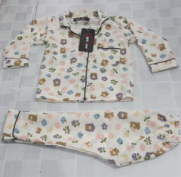 Kids Floral & Bear Printed Crinkled Cotton Night Suit