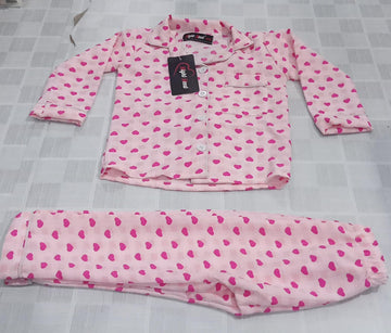 Kids Pink Heart Printed Crinkled Cotton Night Suit