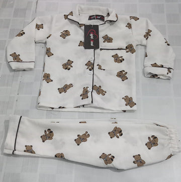 Kids Brown Teddy Bear Printed Crinkled Cotton Night Suit