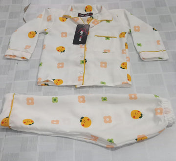 Kids Orange Fruit Printed Crinkled Cotton Night Suit