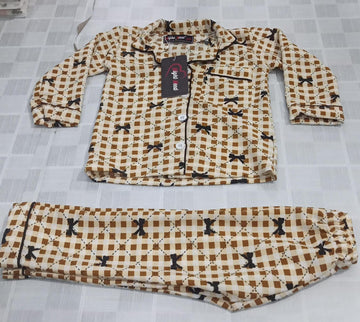 Kids Brown Checkered Printed Crinkled Cotton Night Suit