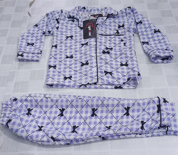 Kids Purple & Black Bow Printed Crinkled Cotton Night Suit
