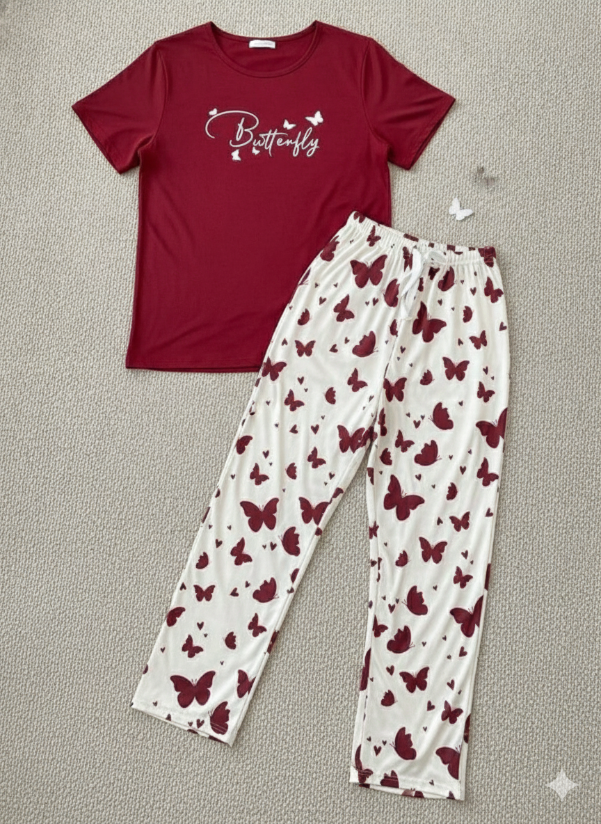 Red Butterfly Printed Half Sleeve Night Suit (7-16 Years)