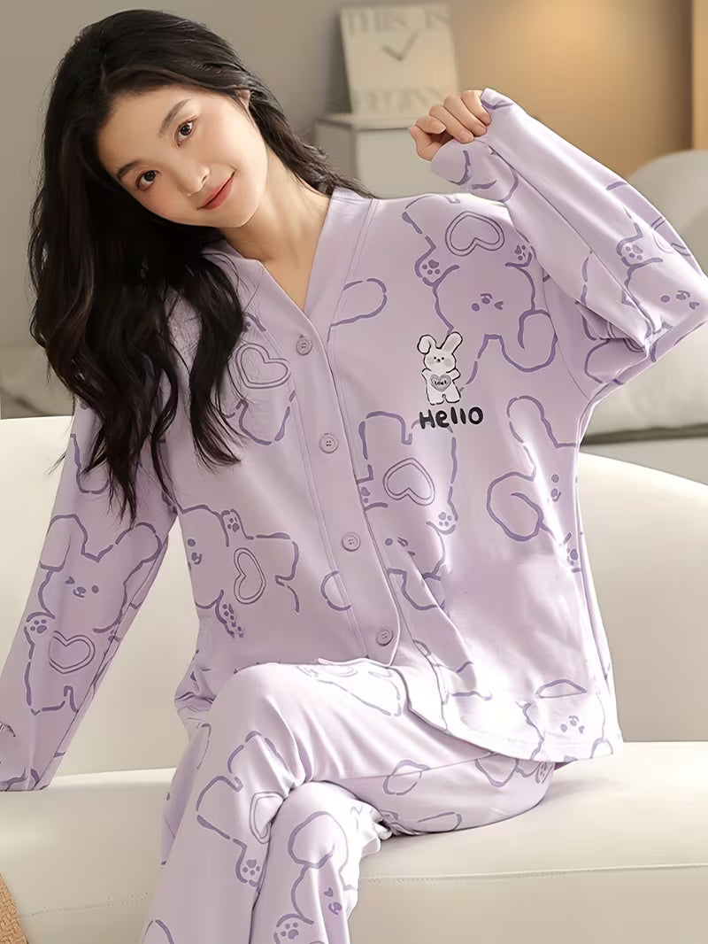 Purple Bunny V-Neck Button Printed Night Suit