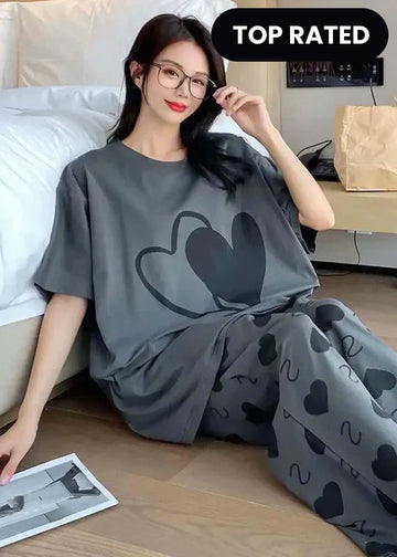 Grey Double Heart Half Sleeve Printed Night Suits (Clearance Sale)