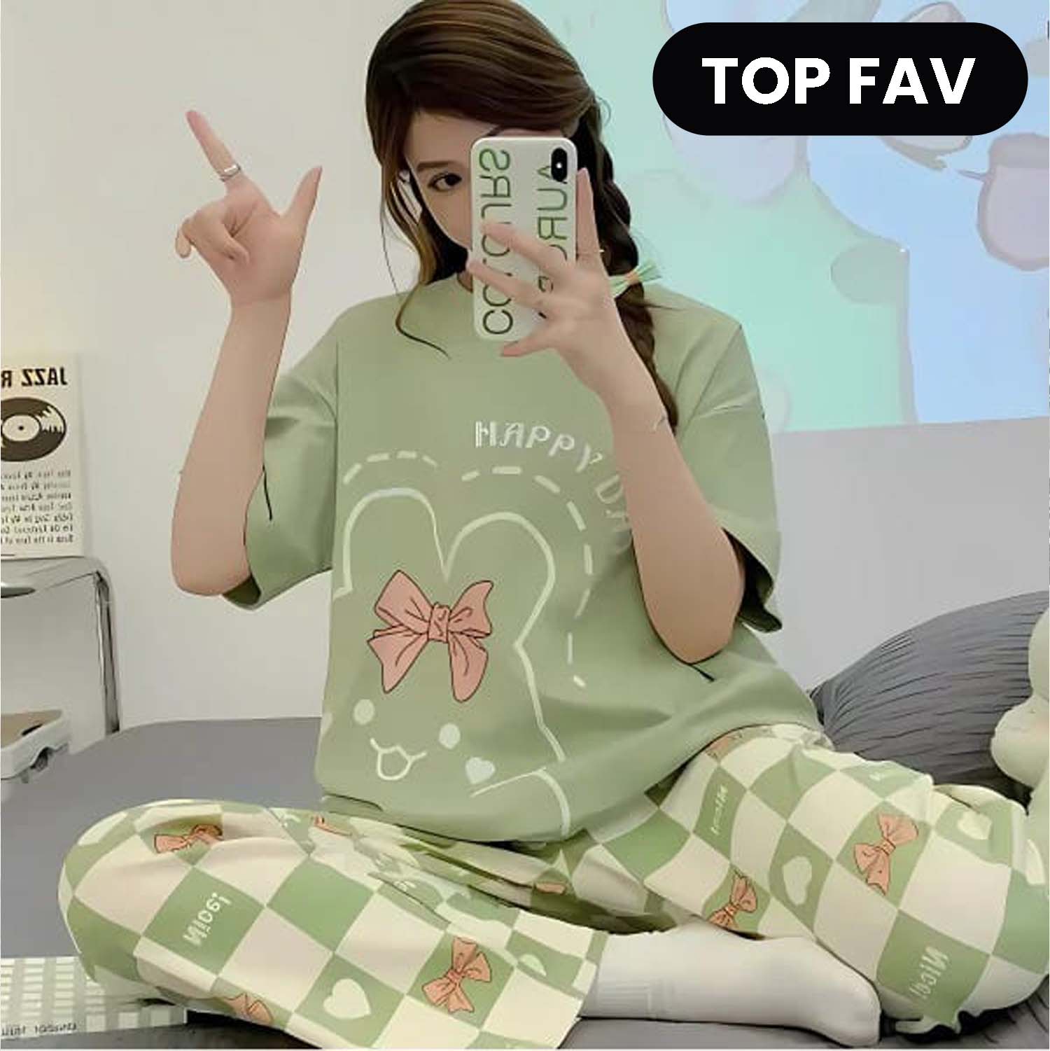 Olive Green Printed Night Suit