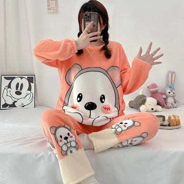Winter Premium Fleece Peach Matching Patterned Printed Night Suit