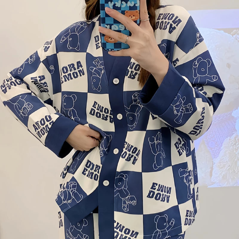 Dora Blue Check Style V-Neck Button Printed Night Suit